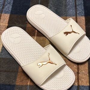 Puma White Slides with Gold Logo